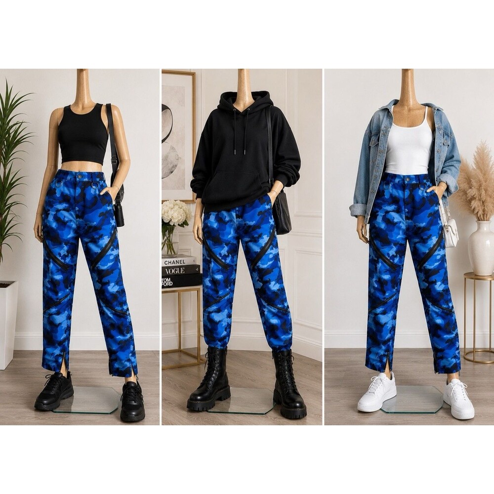 Balera Womens M Blue Camo Dance Jogger Pants Zip Leg D-Ring High Rise Performanc
